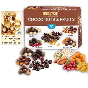 bogatchi chocolate coated assorted nuts and fruits new year special rich dry fruit collection gift  100g  free new year greeting card