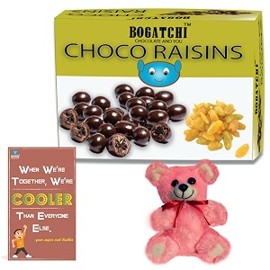 bogatchi complete rakhi gift hamper for sister chocolate coated raisins 200g  free rakhi greeting card  free teddy