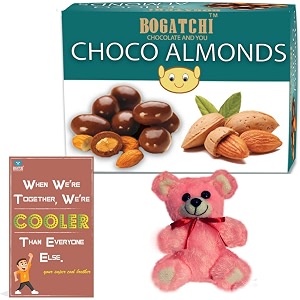 bogatchi complete rakhi gift hamper for sister chocolate coated almonds 200g  free rakhi greeting card  free teddy