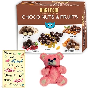 bogatchi complete rakhi gift hamper for sister chocolate coated assorted nuts and fruits 200g  free rakhi greeting card  free teddy