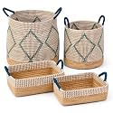 Boho Decorative Woven Storage Baskets Set of 4, Natural Seagrass Wicker Laundry Basket with Handles, Stackable Laundry Hamper, Blanket Basket and Shelf Baskets for Living Room Bedroom Bathroom Nursery