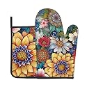 Boho Floral Oven Mitts and Pot Holders Sets Vintage Flower Oven Gloves Heat Resistant Colorful Kitchen Mitts Hot Pads Two Piece Set Kitchen Decor for Women Cooking Baking Grilling BBQ