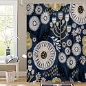 Boho Floral Shower Curtain, Dark Blue Botanical Fabric Curtain, 72 x 78