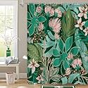 Boho Floral Shower Curtain, Dark Emerald Botanical Fabric Curtain, 72 x 72