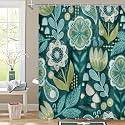 Boho Floral Shower Curtain, Deep Teal Botanical Fabric Curtain, 72 x 72