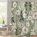 Boho Floral Shower Curtain, Green Botanical Fabric Curtain, 72 x 72