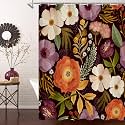 Boho Floral Shower Curtain, Purple Botanical Fabric Curtain, 72 x 84