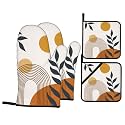 Boho Leaf Oven Mitts and Pot Holders Sets - Bohemian Botanical Kitchen Mitts Potholders 4 Pack Heat Resistant Farmhouse Bohemian Oven Gloves Hot Pads for Kitchen Baking Grilling Party