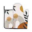 Boho Leaf Oven Mitts and Pot Holders Sets - Modern Botanical Kitchen Mitts Potholders 2 Pack Heat Resistant Mid-Century Oven Gloves Hot Pads for Kitchen Baking Grilling Party