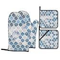 Boho Oven Mitts and Pot Holders Sets - Blue Gray Kitchen Mitts Potholders 4 Pack Heat Resistant Vintage Bohemian Oven Gloves Hot Pads for Kitchen Baking Grilling Party