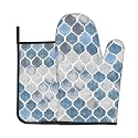 Boho Oven Mitts and Pot Holders Sets - Blue Gray Kitchen Mitts Potholders 2 Pack Heat Resistant Vintage Bohemian Oven Gloves Hot Pads for Kitchen Baking Grilling Party