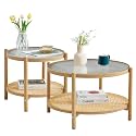 Boho Rattan Coffee Table Set of 2, Round Glass Living Room Table Set