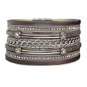 Boho Round Charm Leather Wrap Leopard Bracelets for Women 7.68"