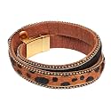 Boho Round Charm Leather Wrap Leopard Bracelets for Women 7.68"