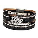 Boho Round Charm Leather Wrap Leopard Bracelets for Women 7.68"