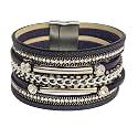 Boho Round Charm Leather Wrap Leopard Bracelets for Women 7.68"