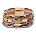 Boho Round Charm Leather Wrap Leopard Bracelets for Women 7.68"