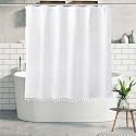 Boho White Woven Fabric Short Shower Curtain with Tassels 72 x 66 Modern Farmhouse Minimalist Tufted Chevron Striped Shabby Chic Textured, Water Resistant Curtain for Bathroom, Hotel Decor