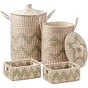 Boho Wicker Storage Basket Set of 4: Natural Woven Seagrass Laundry Hamper with Lid, Handles and Removable Liners, Decorative Laundry Baskets and Shelf Baskets for Living Room Bedroom Bathroom Nursery
