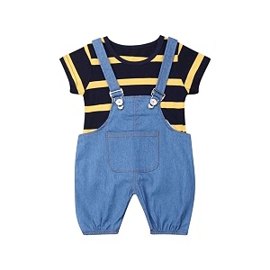 bold n elegant unisex kids cotton striped cartoon stripe print half length t-shirt with denim dungaree