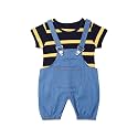 Bold N Elegant Unisex Kids Cotton Striped Cartoon Stripe Print Half Length T-Shirt with Denim Dungaree