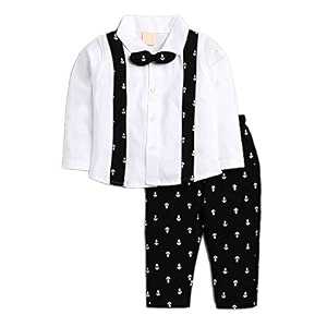 bold n elegant white full sleeve suspender style shirt and pant with bow tie party clothing set for infant toddler baby boy