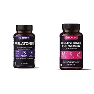 boldfit melatonin 5mg sleeping aid pills with tagara 125mg sleep supplement 60 veg tablets amp multivitamin for women with probiotics supplement with 42 vital ingredients - 60 vegetarian tablets