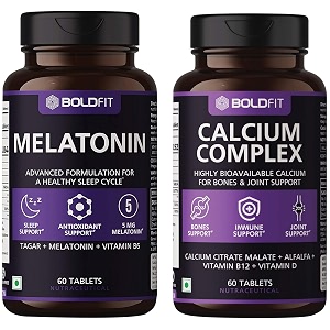 boldfit melatonin 5mg sleeping aid pills for deep sleep with tagara 125mg - 60 veg tablets amp boldfit calcium complex supplement 1000mg 60 tablets