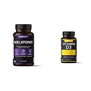 boldfit melatonin 5mg sleeping aid pills for deep sleep with tagara 125mg sleep supplement 60 veg tablets amp vitamin d3 tablets- 120 tablets white