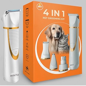 boltz 4 in 1 dog amp cat hair amp paw trimmer with nail grinder  silent cordless grooming kit for pets  usb rechargeable ipx7 waterproof 4 attachments for paws ears face amp nails white gold