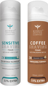 bombay shaving company sensitive shaving foam with aloe vera oats menthol and 2x creamier formulae for superior glide and protection 266 ml 33 extra 266 g  coffee shaving foam with coffee extracts nut oil olive oil and 2x creamier formulae for superior glide and protection 266 ml 33 extra 266 g 528 ml