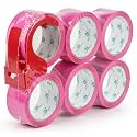 BOMEI PACK Pink Heavy Duty Sticky Packing Tape 6 Rolls Refills with 1 Dispenser 2.4mil x 2" x 55Y Strong Adhesive Packaging Tape for Carton Sealing, Mailing and Storage,Shipping, Moving