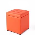 Bonded Leather Square Cube Storage Ottoman,12x12x14inch,Upholstered Foot Rest Stool with Hinged Lid,Faux Leather Footrest Ottoman Thicken Foam Padded Seat (Orange)