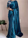 Bondia SolidPlain Bollywood Satin Saree