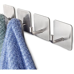 boniry 4 pack wall adhesive hooks waterproof stainless steel wall hookbest use kitchen and bathroom self adhesive hooks heavy duty for towel and kitchen accessories item j hook square silver
