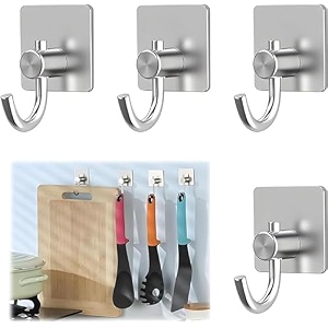 boniry 4 pack wall adhesive hooks waterproof stainless steel wall hookbest use kitchen and bathroom self adhesive hooks heavy duty for towel and kitchen accessories item big square silver hook