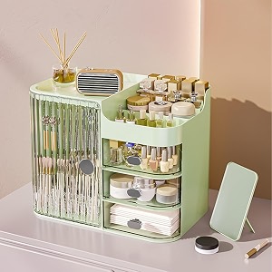 boniry makeup organizer box  4 compartment for cosmetic organizer  quality storage box and organiser  makeup organizer stand for woman green - transparent