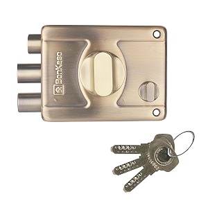 bonkaso f040654 premium heavy duty rim door lock with lock set body for home antique brass finish