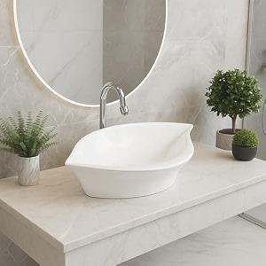 bonkaso white ceramic table top wash basin  seashell shape designer countertop vessel sink  126 x 204 x 52 inch vanity basin  glossy finish bathroom sink