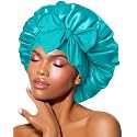 BONNET QUEEN Double Layer Silk Bonnet for Sleeping for Women Satin Lined Bonnet Night Cap for Curly Hair with Tie Band, Single Layer, Aqua Blue