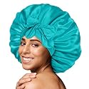 BONNET QUEEN XL Large Very Soft Satin Lined Bonnet,Anti-Frizzy Silk Like Bonnet for Sleeping for Curly Hair with Tie Band,Aqua Blue