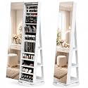 Bonnlo 360° Swivel Jewelry Armoire with Full-Length Mirror and Sliding Door, Standing Jewelry Cabinet with 3 Rear Shelves, Large Storage Organizer for Bedroom, White
