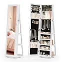Bonnlo 360° Swivel Jewelry Mirror Cabinet with Inside Makeup Mirror,Full Length Mirror with Jewelry Storage, Lockable Standing Jewelry Armoire Organizer, Espejo Oon Almacenamiento for Bedroom,White