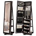 Bonnlo 360° Swivel Jewelry Mirror Cabinet with Full-Length Mirror and Interior Makeup Mirror, Lockable Standing Jewelry Armoire with 3 Back Shelves and Velvet Lining, Brown