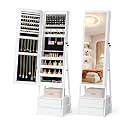 Bonnlo LED Jewelry Armoire with Full-Length Mirror, Lockable Standing Jewelry Cabinet with 2 Drawers, Large Jewelry Organizer and Storage for Women, 59 Inch, White