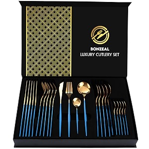 bonzeal 24 pieces blue gold premium cutlery set for 6 person mirror finish stainless steel flatware set cutlery set for hotel cafe bar restaurant