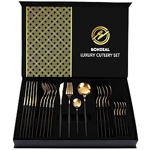 bonzeal 24 pieces black gold cutlery set for 6 person mirror finish stainless steel premium flatware set house warming gifts for new home cutlery set for hotel cafe bar restaurant wedding ceremony