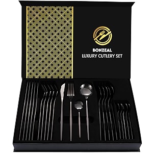 bonzeal 24 pieces black cutlery set for 6 person mirror finish stainless steel premium flatware set house warming gifts for new home cutlery set for hotel cafe bar restaurant wedding ceremony