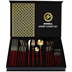 bonzeal 24 pieces red gold cutlery set for 6 person mirror finish stainless steel premium flatware set house warming gifts for new home cutlery set for hotel cafe bar restaurant wedding ceremony