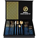 BonZeaL 24 Pieces Blue Gold Premium Cutlery Set for 6 Person Mirror Finish Stainless Steel Flatware Set Cutlery Set for Hotel Cafe Bar Restaurant